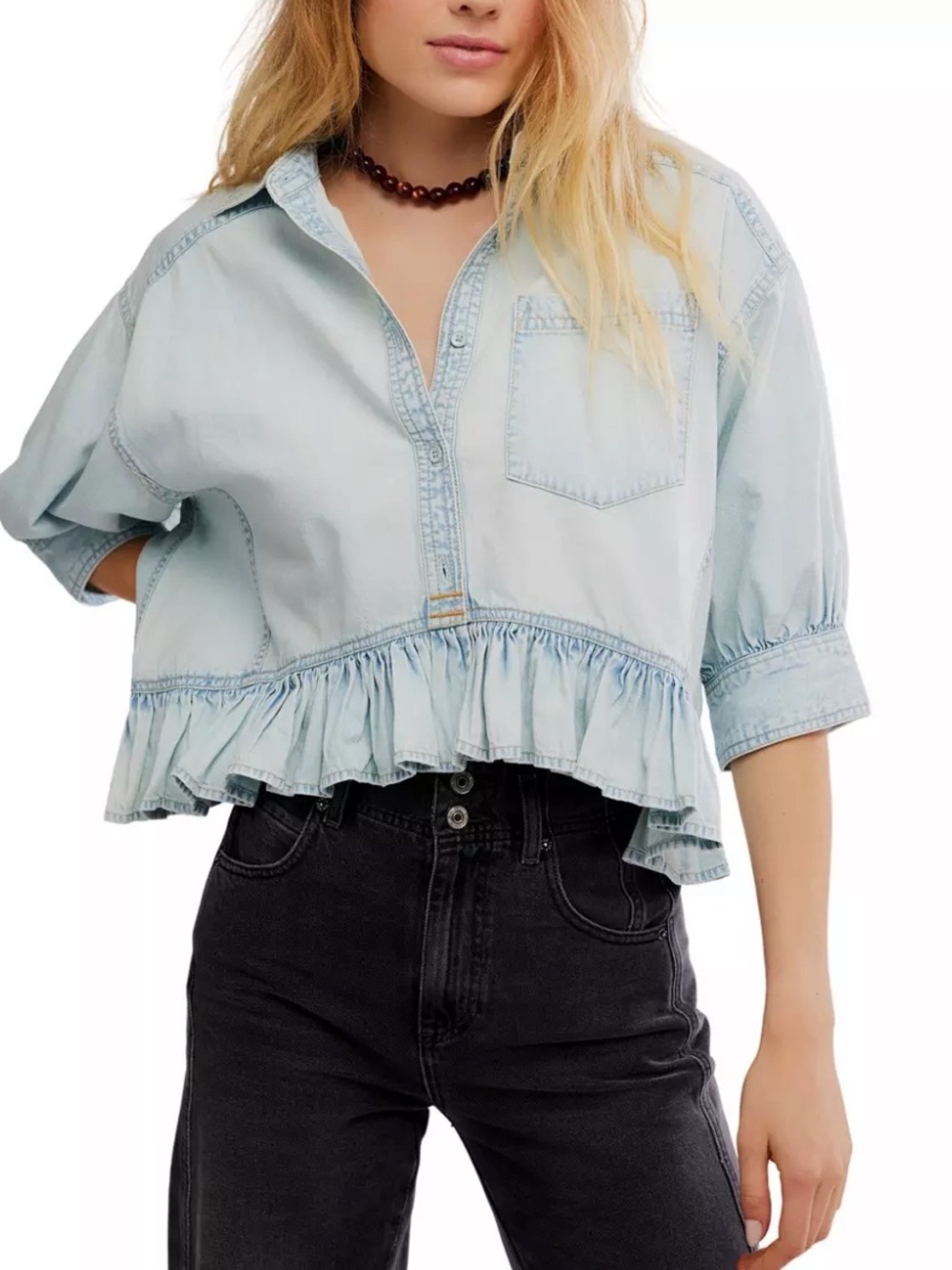 Free People We the Free Bailey Light Tint Wash Ruffle-Hem Denim Button-Down NWT